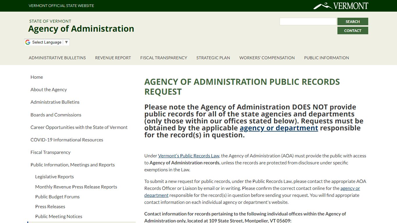Agency of Administration Public Records Request - Vermont